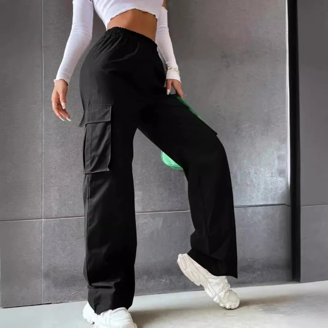 Straight Cargo Pant Elastic High Waist Elegant Oversized Trousers