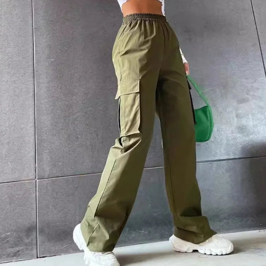 Straight Cargo Pant Elastic High Waist Elegant Oversized Trousers