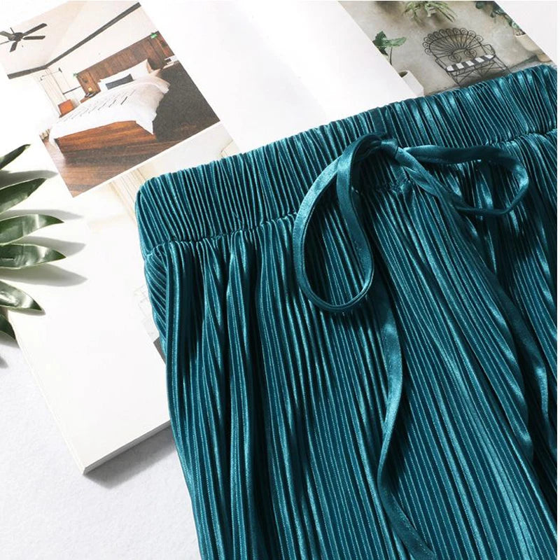 Pleated Ice Silk Trousers Elastic Waist Loose Casual Pants