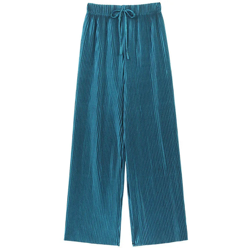 Pleated Ice Silk Trousers Elastic Waist Loose Casual Pants