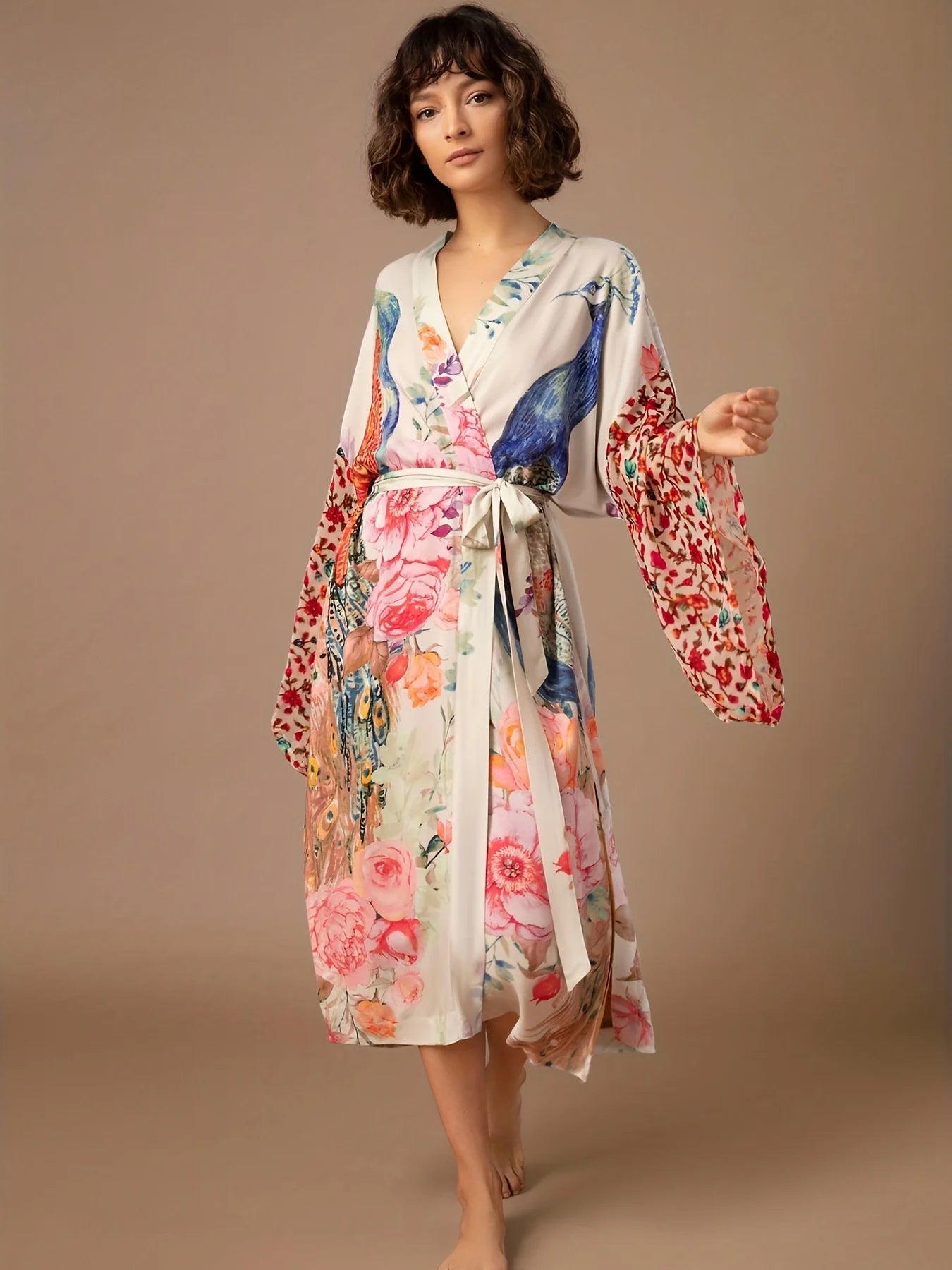 Beach Kimono for Women Peocock Printed Swimsuit Cover Up Self Belted Wrap Dresses