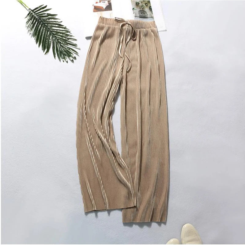 Pleated Ice Silk Trousers Elastic Waist Loose Casual Pants