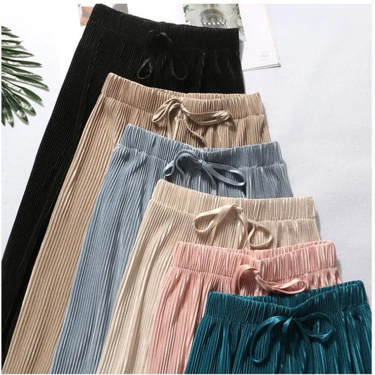 Pleated Ice Silk Trousers Elastic Waist Loose Casual Pants