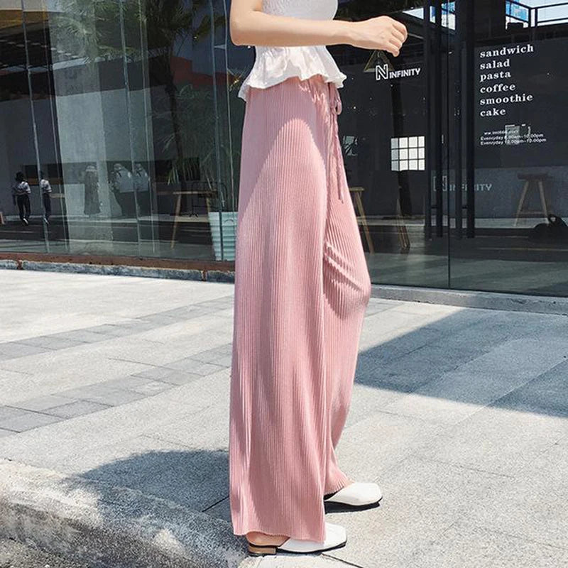 Pleated Ice Silk Trousers Elastic Waist Loose Casual Pants